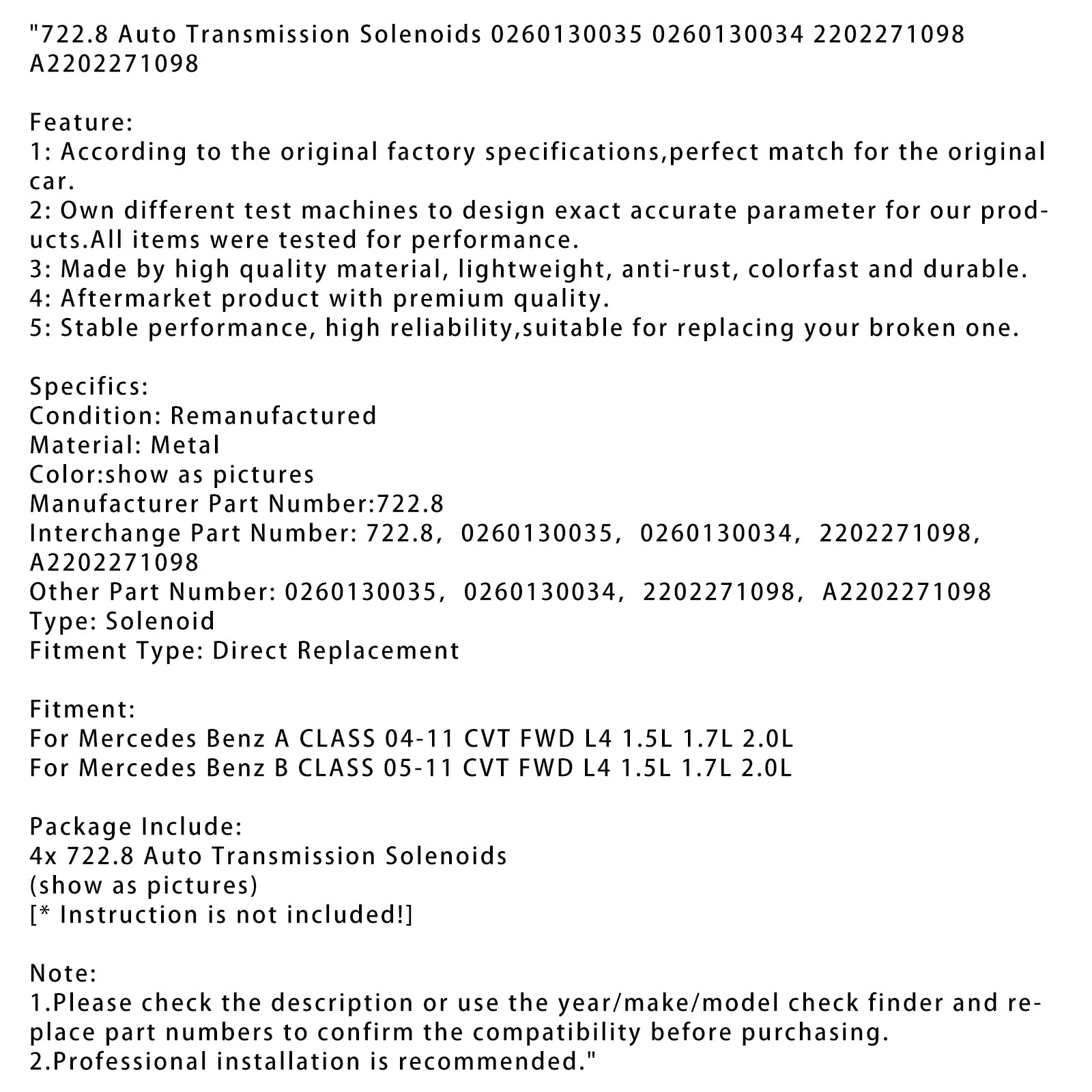 Topteng 722.8 Auto Transmission Solenoids 0260130035 0260130034 2202271098 A2202271098, Adatto per Mercedes Benz A/B Class 05-11 CVT FWD L4 1.5L 1.7L 2.0L