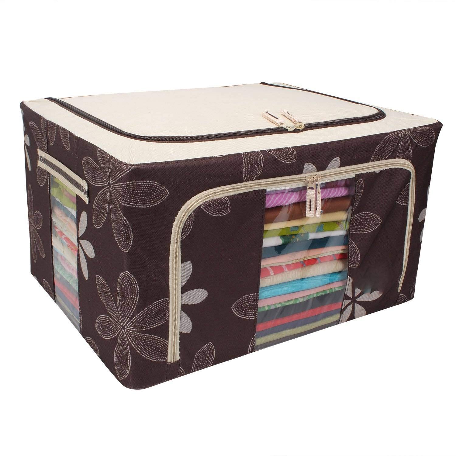 Foldable Linen Fabric Steel Frame Cloth, Laundry, Saree, Blankets, Undergarments Storage Organizer Boxes For Wardrobe (Brown Flower)-image-10