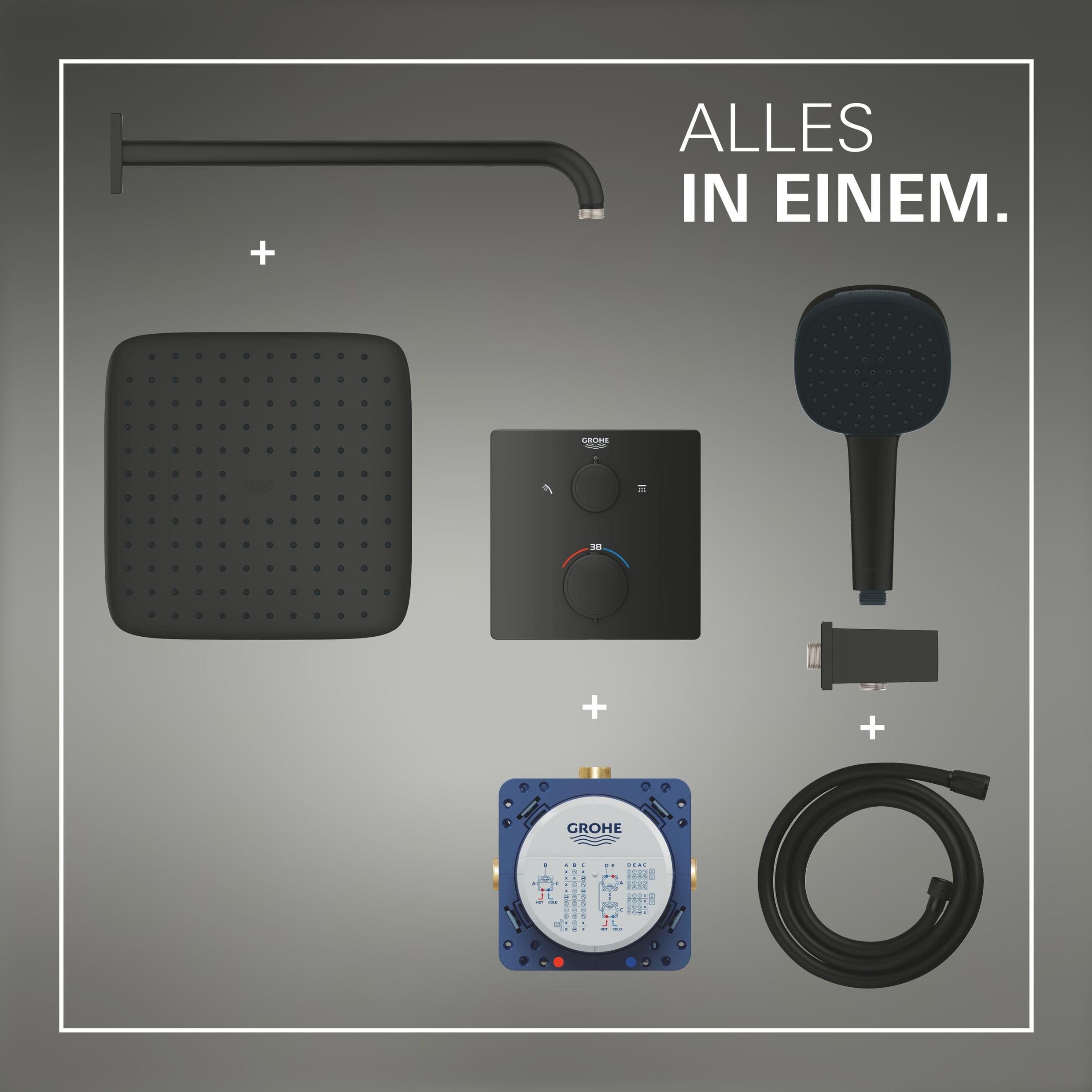 GROHE Precision 250, Unterputz Duschsystem (25cm Regendusche mit Thermostat, Kopfbrause 1 Strahlart, Duschkopf 2 Strahlarten, Komplettset, 1,50m Duschschlauch), eckig, schwarz, 348822430