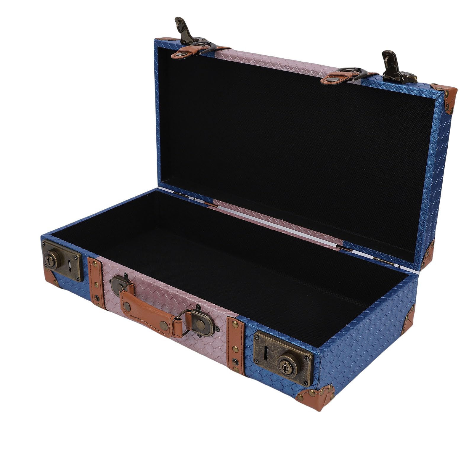 Baúl Decorativo, Cofre De Maleta De Madera Compuesta De Cuero De PU con Patrón Tejido Rosado Azul, Accesorio De Fotografía De Exhibición para Almacenamiento En El Hogar, (S)