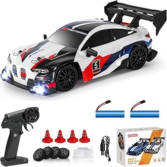 KAIMIO 1:24 Scale RC Drift Car 4WD 2.4GHz 30KM/H High Speed Racing Sport Toy Car with LED Lights, Racing and Drift Wheels (8607-White)