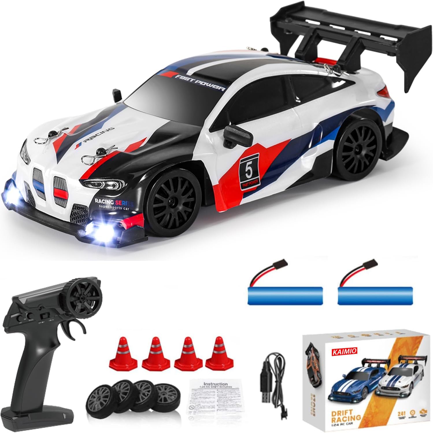 1:24 Scale RC Drift Car 4WD 2.4GHz 30KM/H High Speed Racing Sport Toy Car with LED Lights, Racing and Drift Wheels (8607-White)