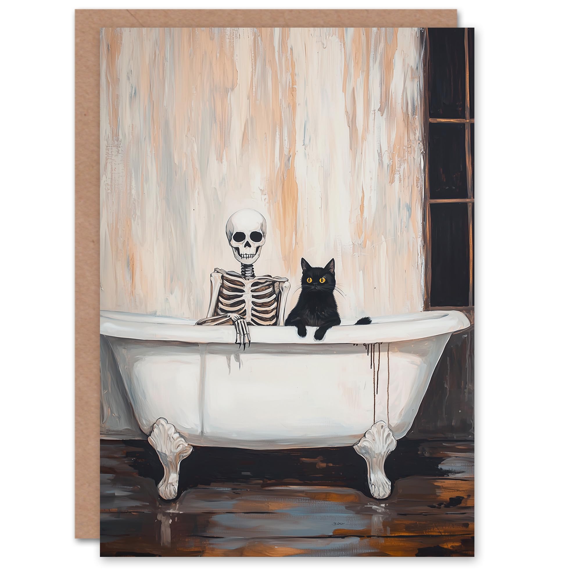 Wee Blue Coo Fun Funny Black Cat and Skeleton Trick or Treat Haunted Scary Halloween Card Blank For All
