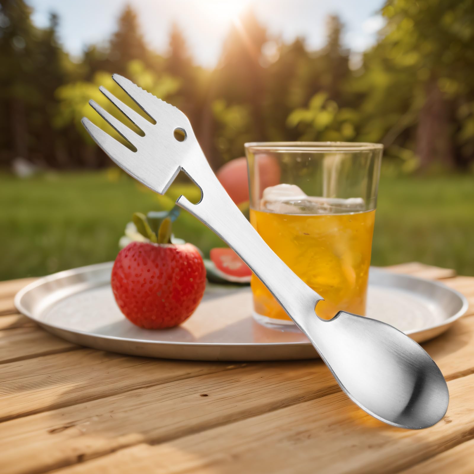 430 stainless steel outdoor camping knife fork spoon integrated bottle opener round head silver without mountain buckle