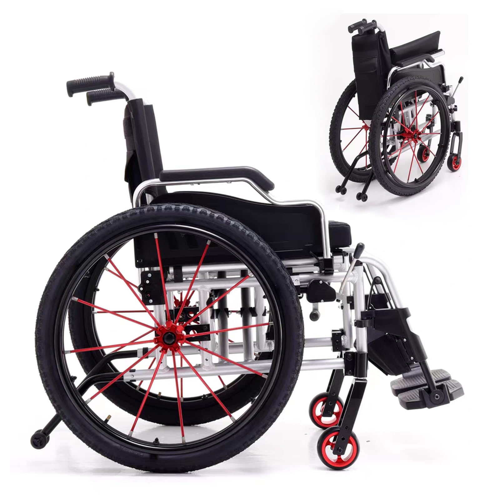 Silla de Ruedas Deportiva Manual Plegable,Ultraligera de Aleación de Aluminio,Transporte Fácil,Freno de mano, liberación rápida, Cinturón de seguridad,Altura regulable(62*101*90cm/24.4*39.7*35.4in)