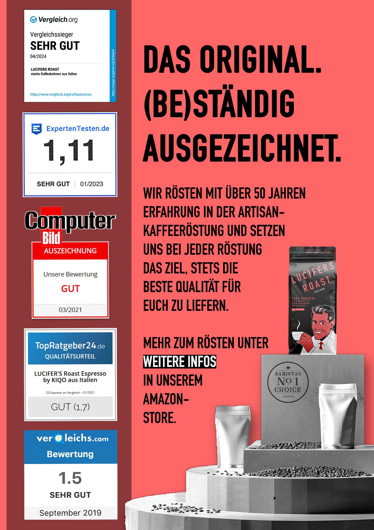LUCIFERS ROAST 1kg Kaffeebohnen aus Italien - sehr starker Espresso dark roast - säurearm - für Kaffeevollautomaten oder Siebträger - 100% Robusta (ganze Bohnen, 1kg)