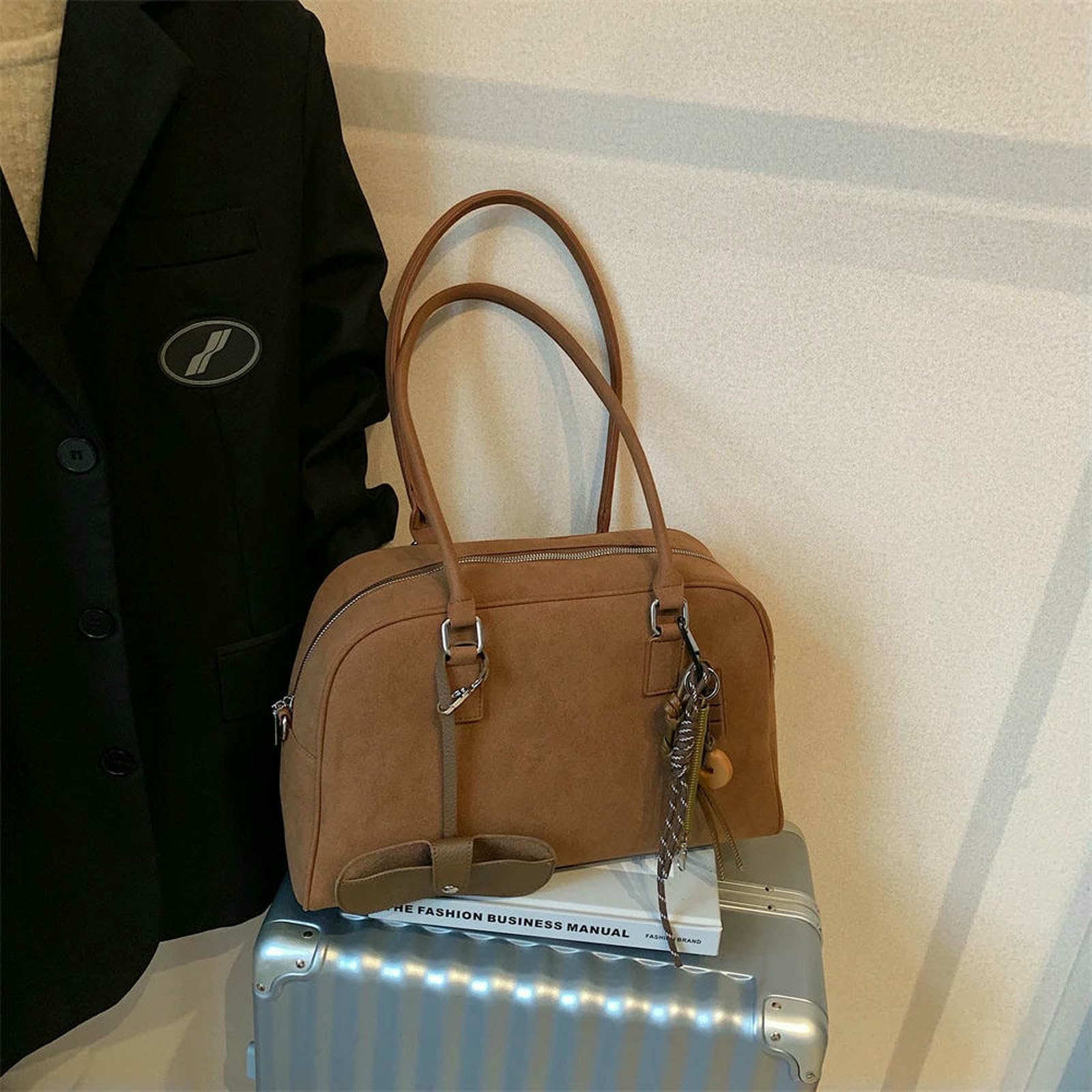 Handtasche Frauen Große Wildleder Bowling Umhängetasche Kapazität Crossbody Mit Langem Riemen-kaffee-40x25x13cm