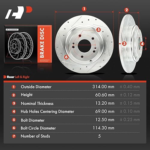 Miniatura 5 de A-Premium Rotores de freno de disco traseros perforados y ranurados de 12.36 pulgadas (12.362 in) compatibles con modelos Hyundai Genesis Coupe 2010