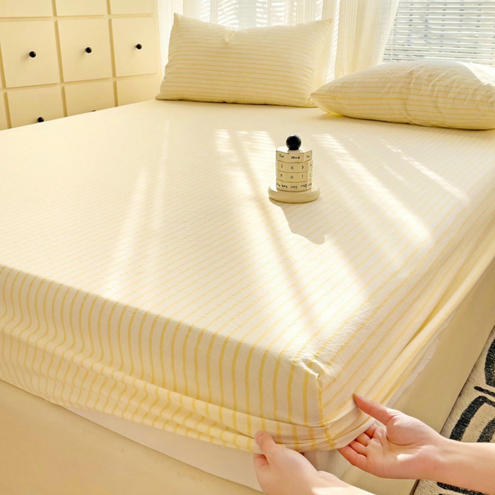 Fitted Bed Sheets Yellow, Washed Cotton Bedding Set Stripes Pattern Fitted Sheet 79"x87"(200x220cm)