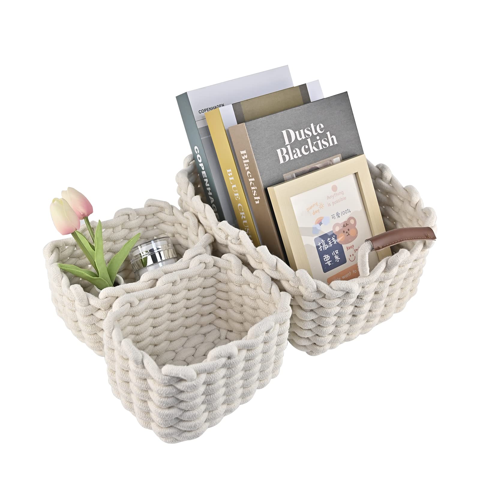 Set di 2 Cestini Intrecciati per Organizzare, Cesto in Corda di Cotone, Impilabile Organizer, Ceste Portaoggetti per Bagno,Cestino Decorativo per Soggiorno,per Cucina, Bagno, Camera da Letto,Nero