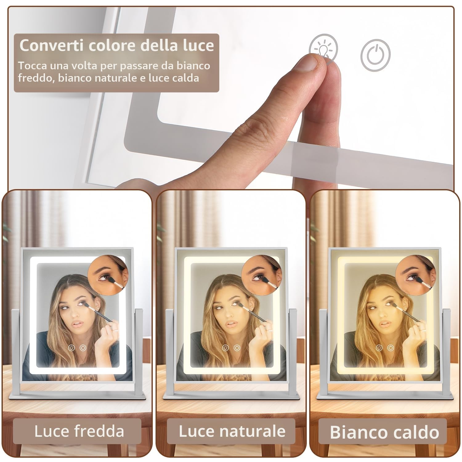 NUSVAN Specchio Da Trucco Con Luci LED 30x36 Cm – 3 Modalità Colore, Ingrandimento 10x Rimovibile, Touch Control