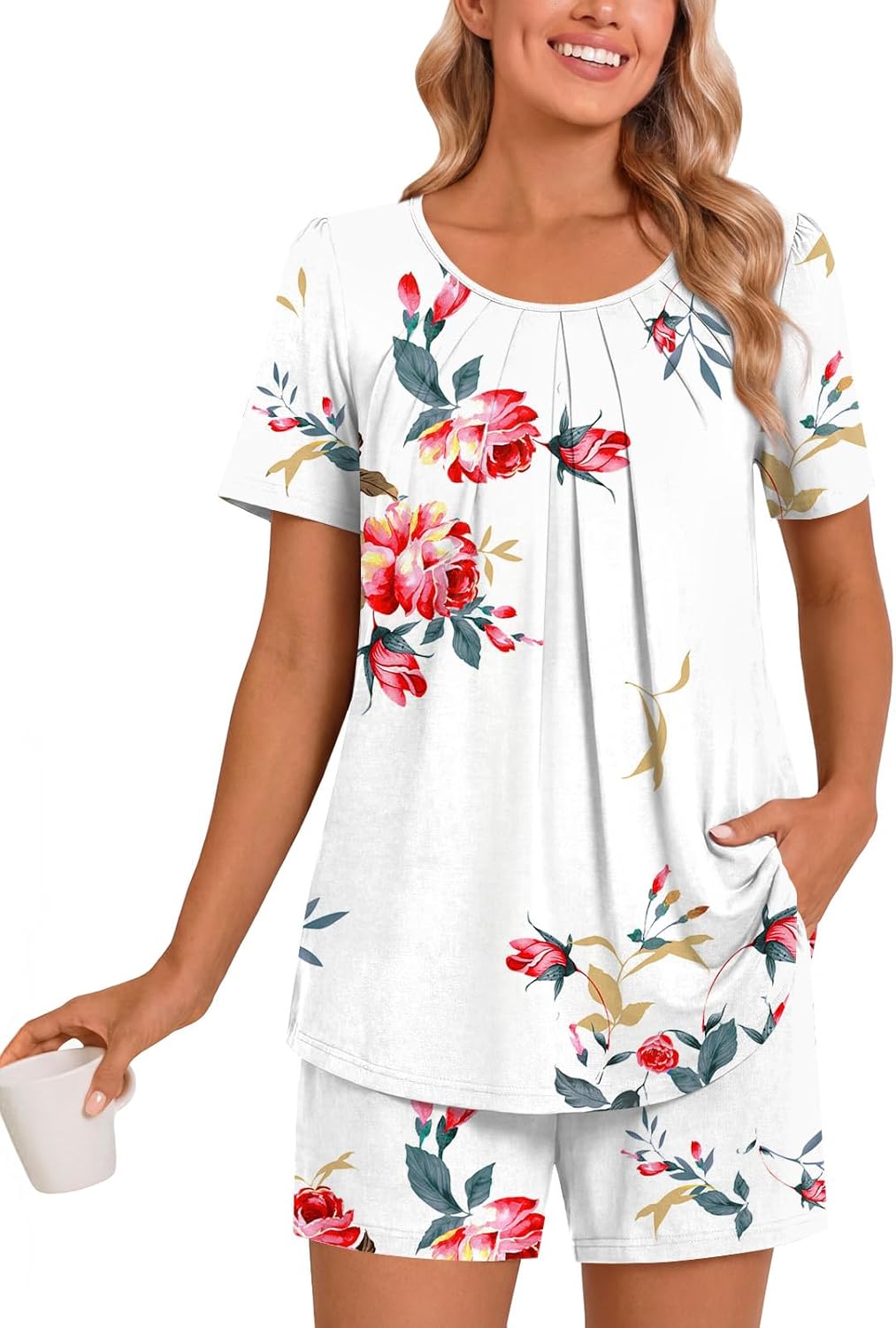 Anymeet Womens Soft Summer Short Sleeve 2 Piece Pajama Set Crew Neck Comfy Lounge Sleepwear with Pockets Floral White X-Large