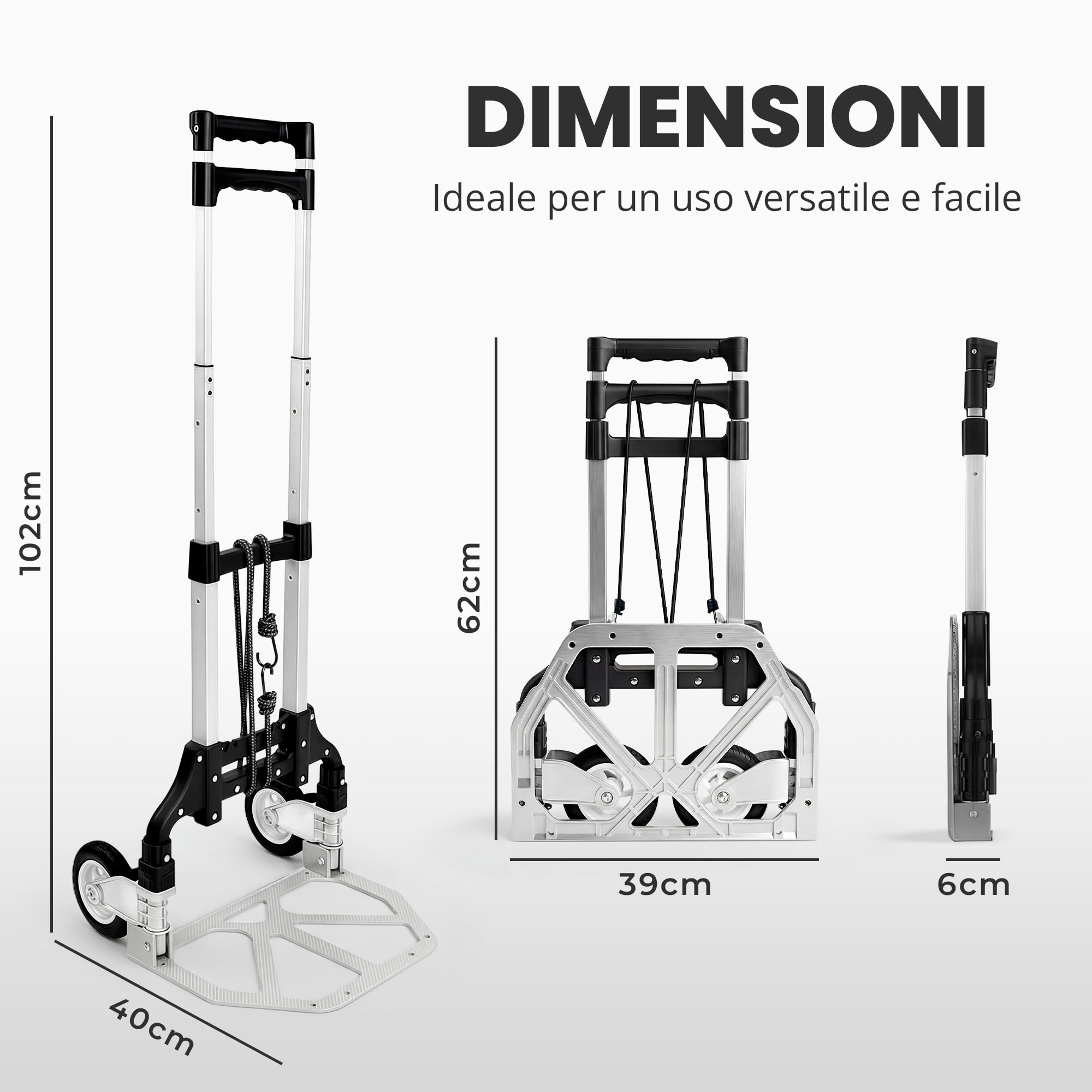 JUPPLIES Carrellino con Ruote Portatutto Pieghevole in Alluminio + Corda – Carrello Porta Pacchi Leggero e Robusto 75 kg, Maniglia Telescopica 100 cm, Ruote Silenziose per Casa, Viaggi o Trasporto