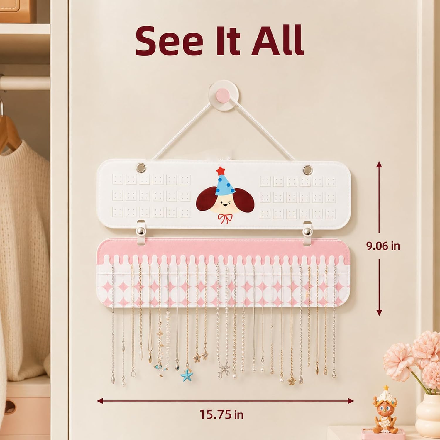Hanging Wall Mount Necklace & Earring Organizer, Non-Woven Jewelry Display