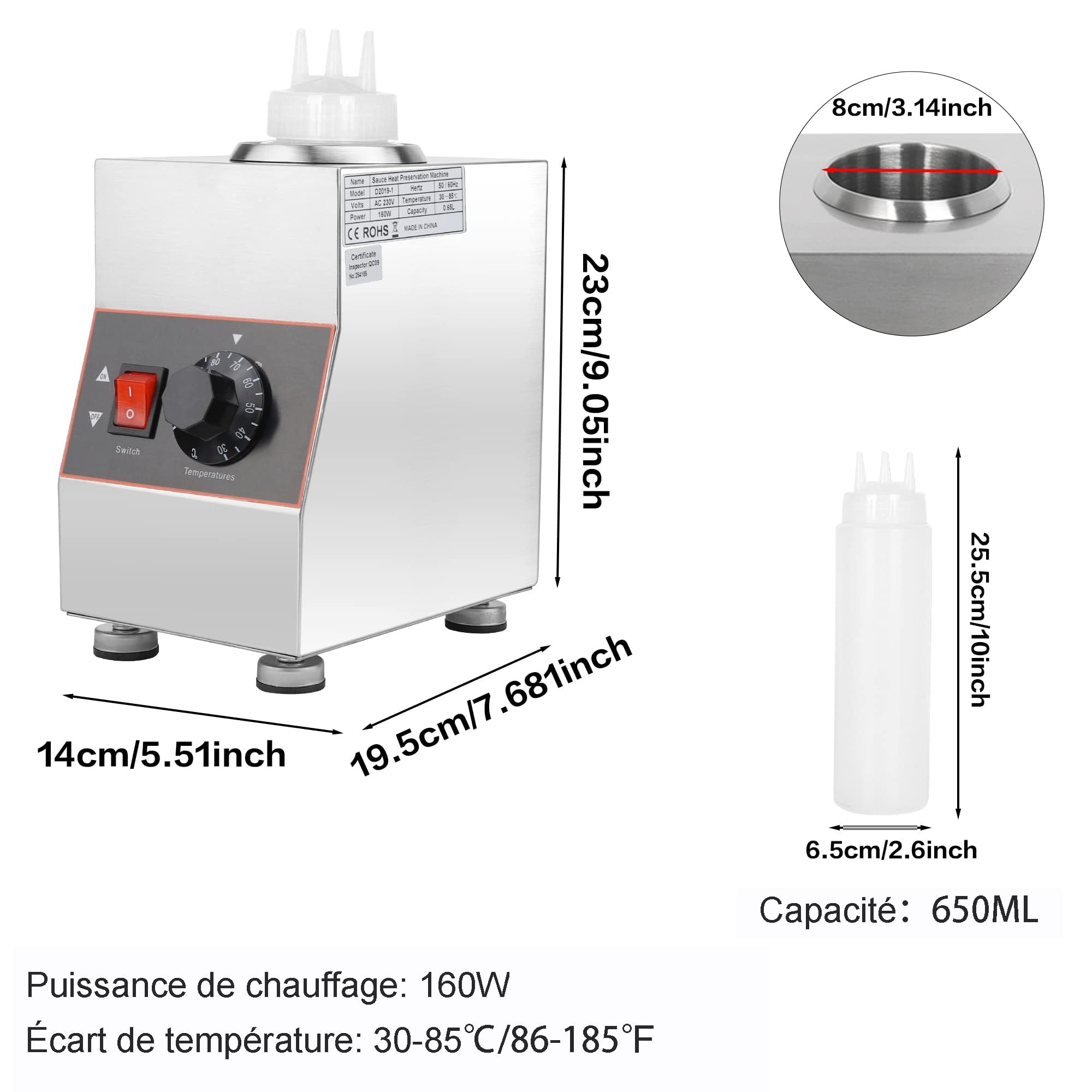 Chauffe-Sauce électrique, 160W Chauffe-Sauce pour Aliments Distributeur de Sauce électrique en Acier Inoxydable Tempéreuse à Chocolat Chaleur Confiture pour Les Entreprises commerciales
