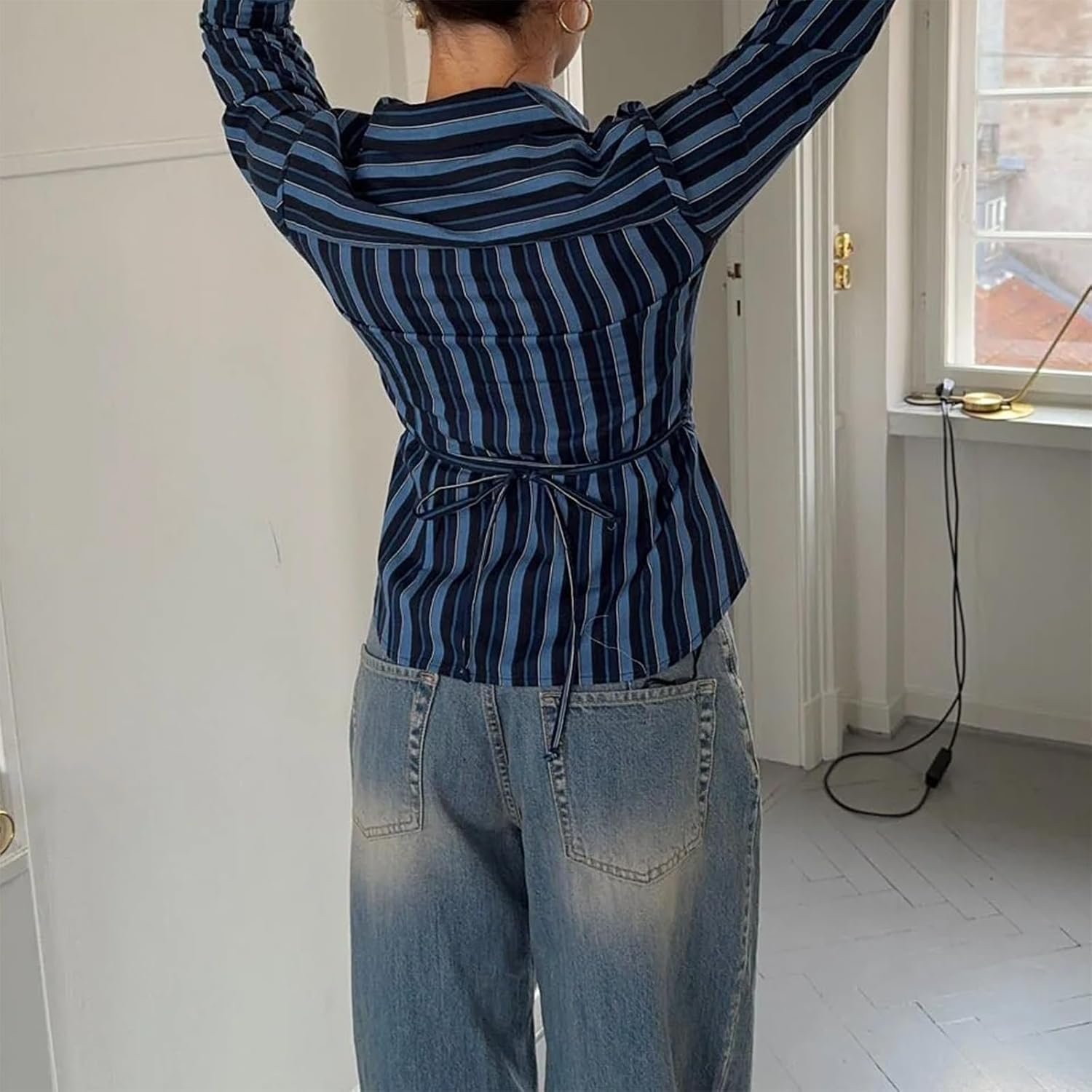 Women Button Down Shirts Striped V Neck Flared Long Sleeved Casual Y2k Preppy Blouse Trendy Lapel Slim Fit Top - Image 2