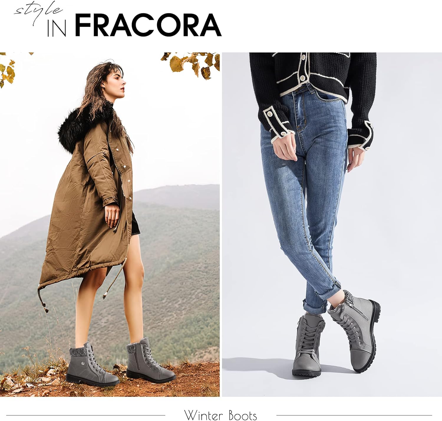FRACORA Women's PU Leather Combat Boots Warm Fur Lined Black Ankle Booties Side Zipper White Boots Non-slip Winter Boots