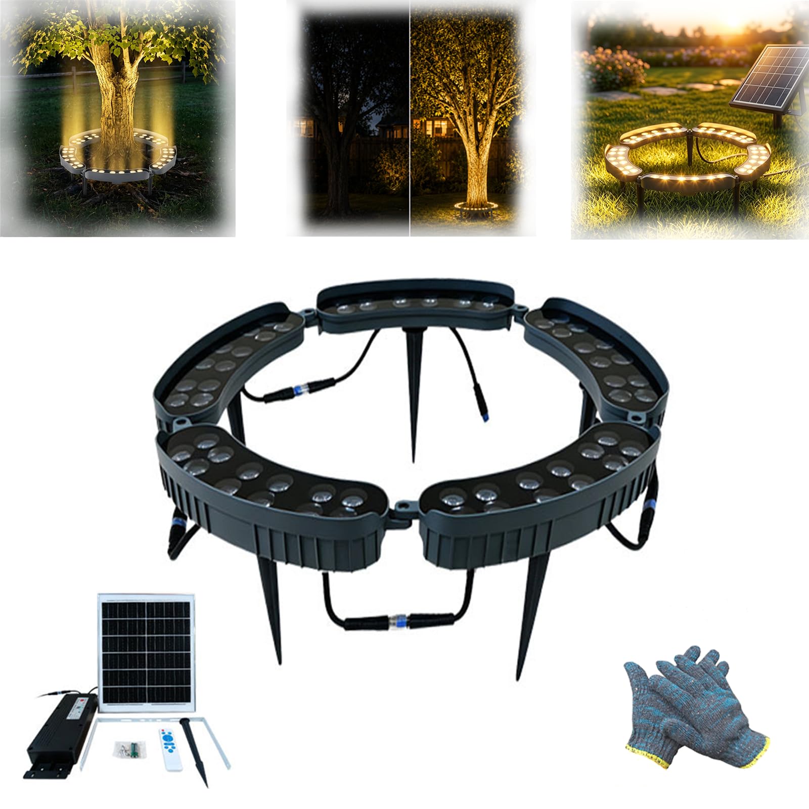 Solar LED Baum-Ringbeleuchtung, IP65 wasserfeste RGB & Warmweiß Landschaftsbeleuchtung für Außen, flexible Baumlampen Dekoration für Garten, Hof & Baumwurzeln (White Light,5pcs 60w)