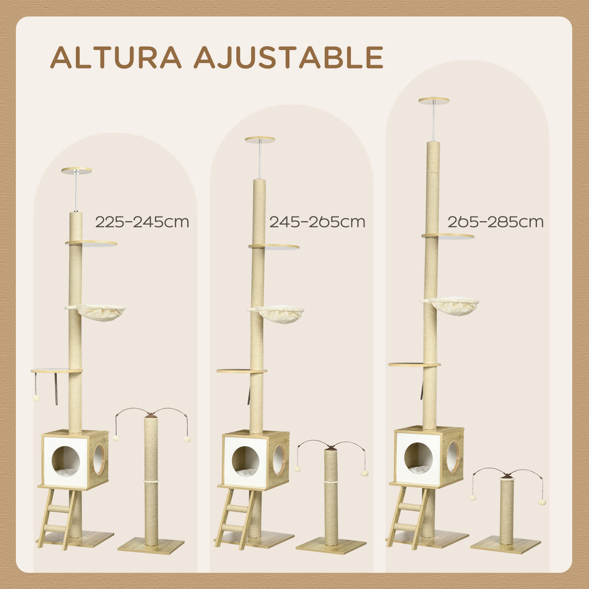 PawHut Árbol para Gatos Techo Ajustable 40x40x225-285 cm Beige | 225-285 cm Altura Ajustable, Árbol para Gatos Grande, con Plataformas, Hamaca, Caseta, Poste de Yute, Rampa y Bolas