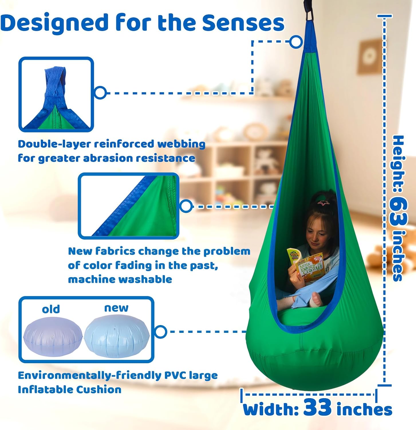 Sensory Swing for Kids Indoor and Outdoor Pod Hammock Chair Seat Upgrade Max 300 lbs Hanging Swing with Inflatable Cushion Includes Hardware Hanger Kit for Aspergers Autism ADHD (Green)