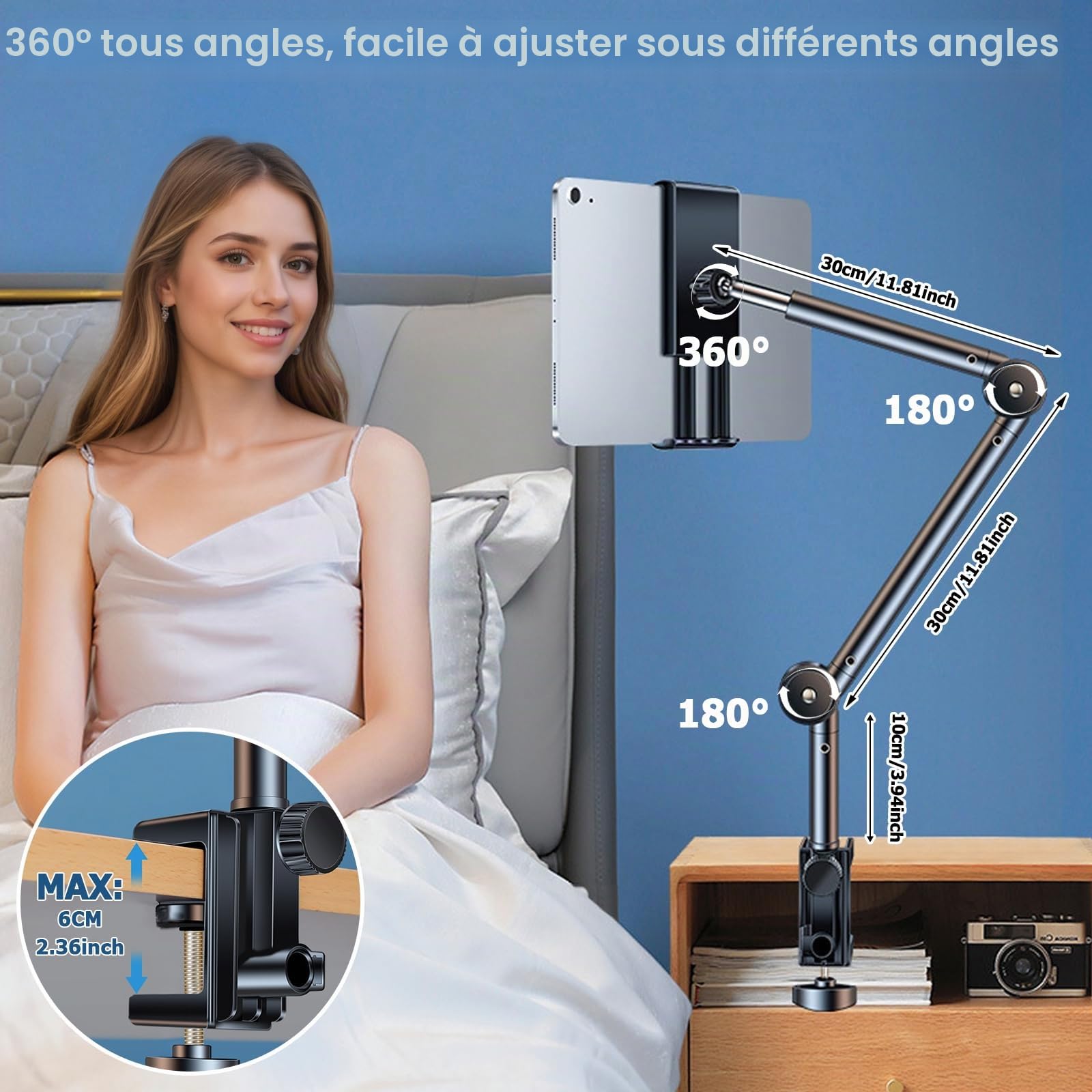 Support de tablette pour iPad, téléphone portable, tablette avec base en métal rotative à 360°, pour tous les appareils de 4,7 à 13 pouces