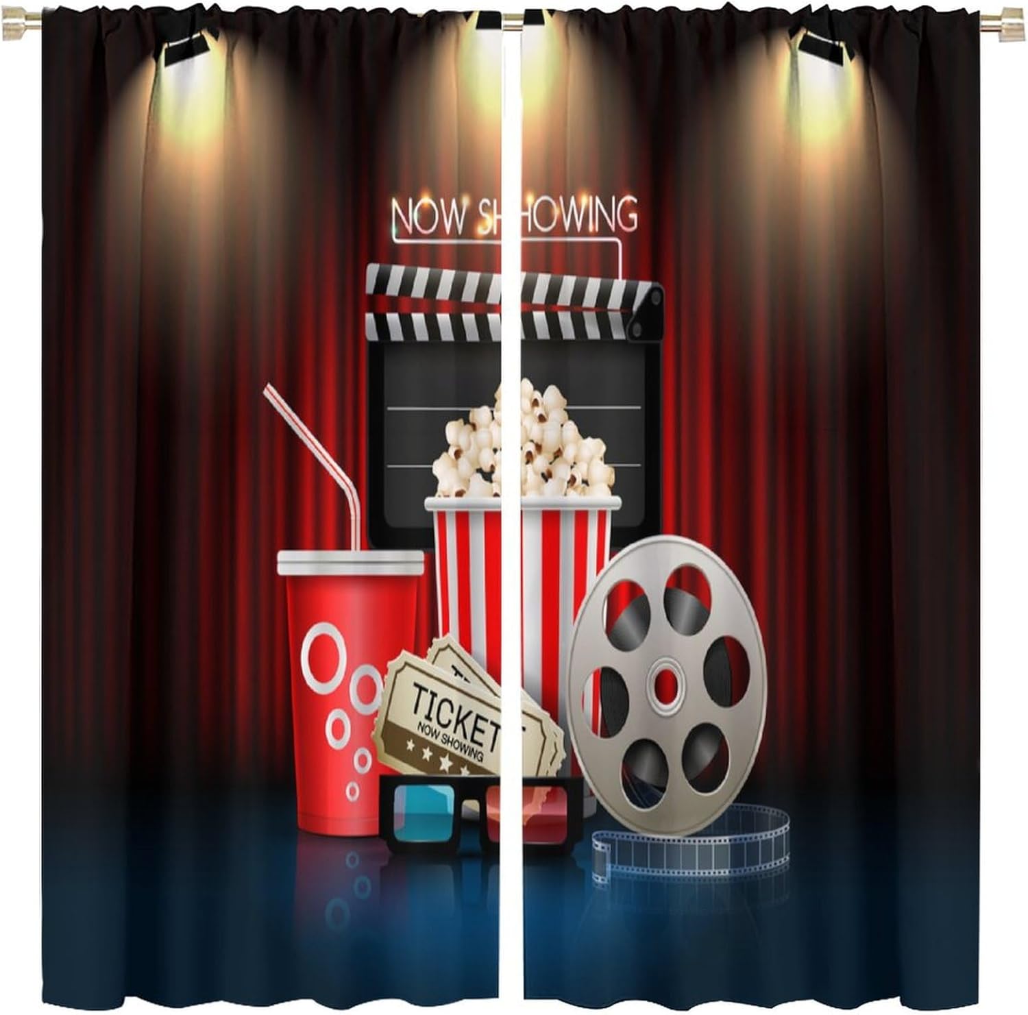 Movie Blackout Curtains Movie Clapper Movie Ticket Reel Popcorn Drink Movie Theater Art Print for Bedroom Living Room Decor Rod Pocket Blackout Window Drape 42x45in, Style-14
