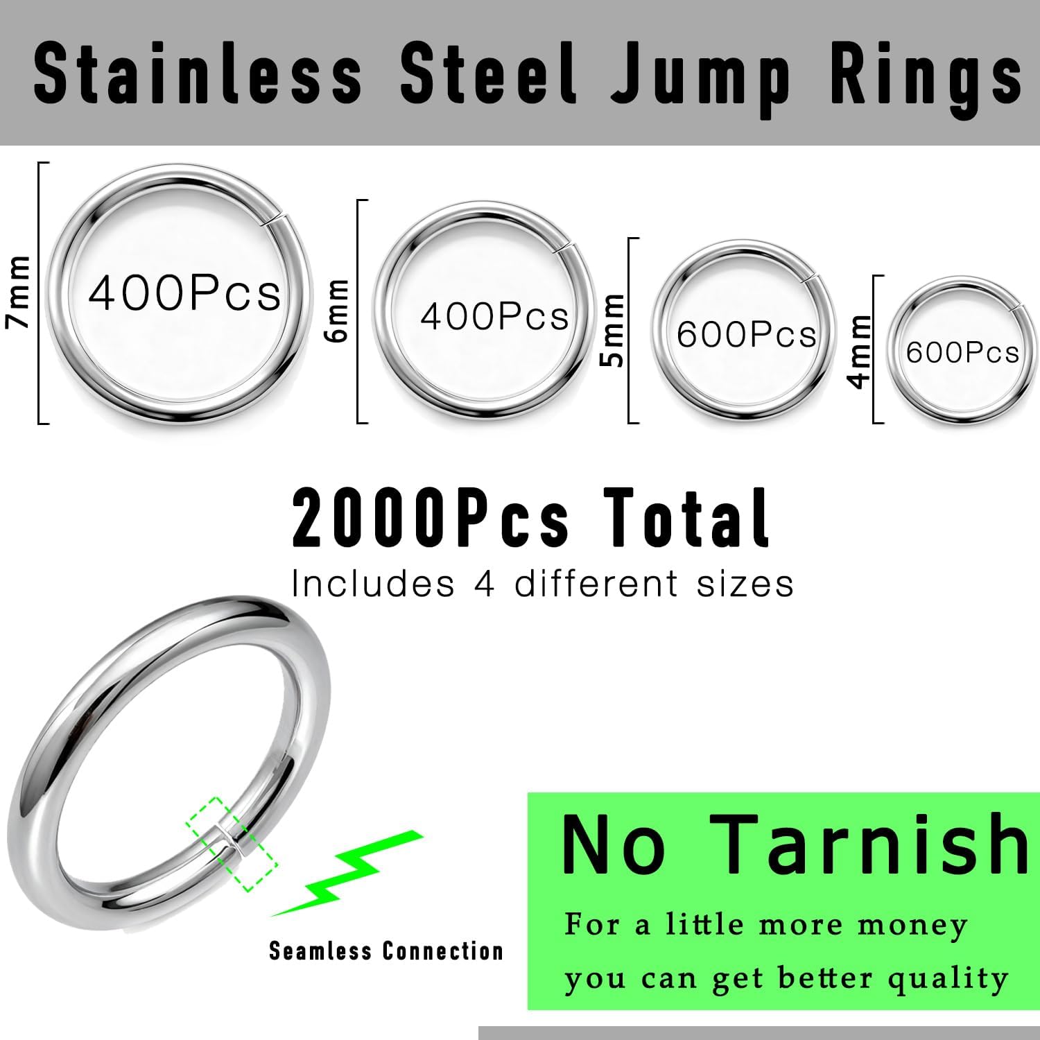 No Tarnish Stainless Steel Jump Rings for Jewelry Making, 2000 Pieces, 4 Sizes 4-7mm, 20 Gauge Thickness, Silver (Mixed Size) - Image 2