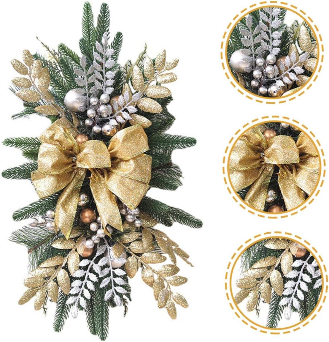 Xmas Teardrop Swag Wreath for Staircase Decoration Non- Bow Hanging Ornament for Wall Window Door Holiday Home Decor and Idea