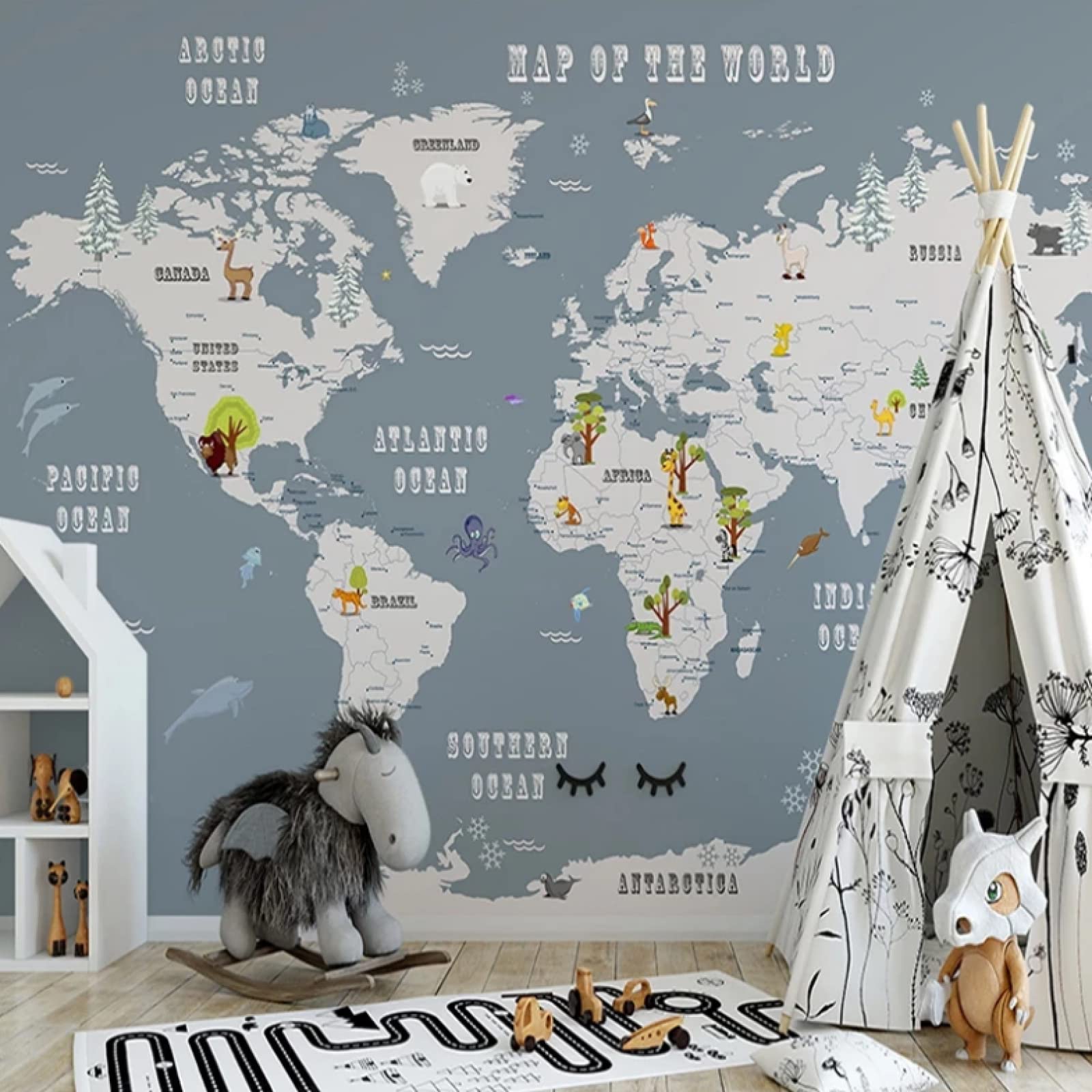 3d Carton Animal World Map Wallpaper Mural For Kids Room Photo