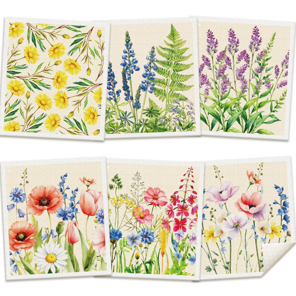 ORIGACH 6 PCS Colorful Flower Theme Swedish Dishcloths for Kitchen