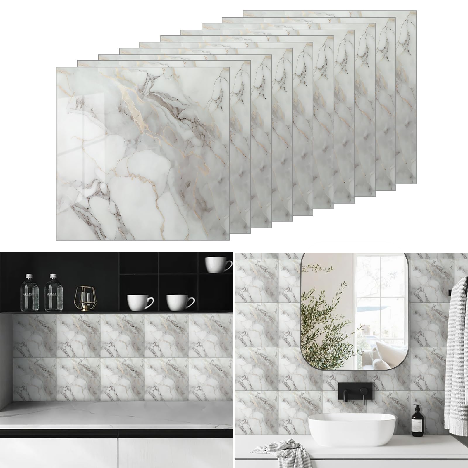 Tarwanear Marble Tile Stickers, 10PCS Self Adhesive Wall Tiles, 30x30cm