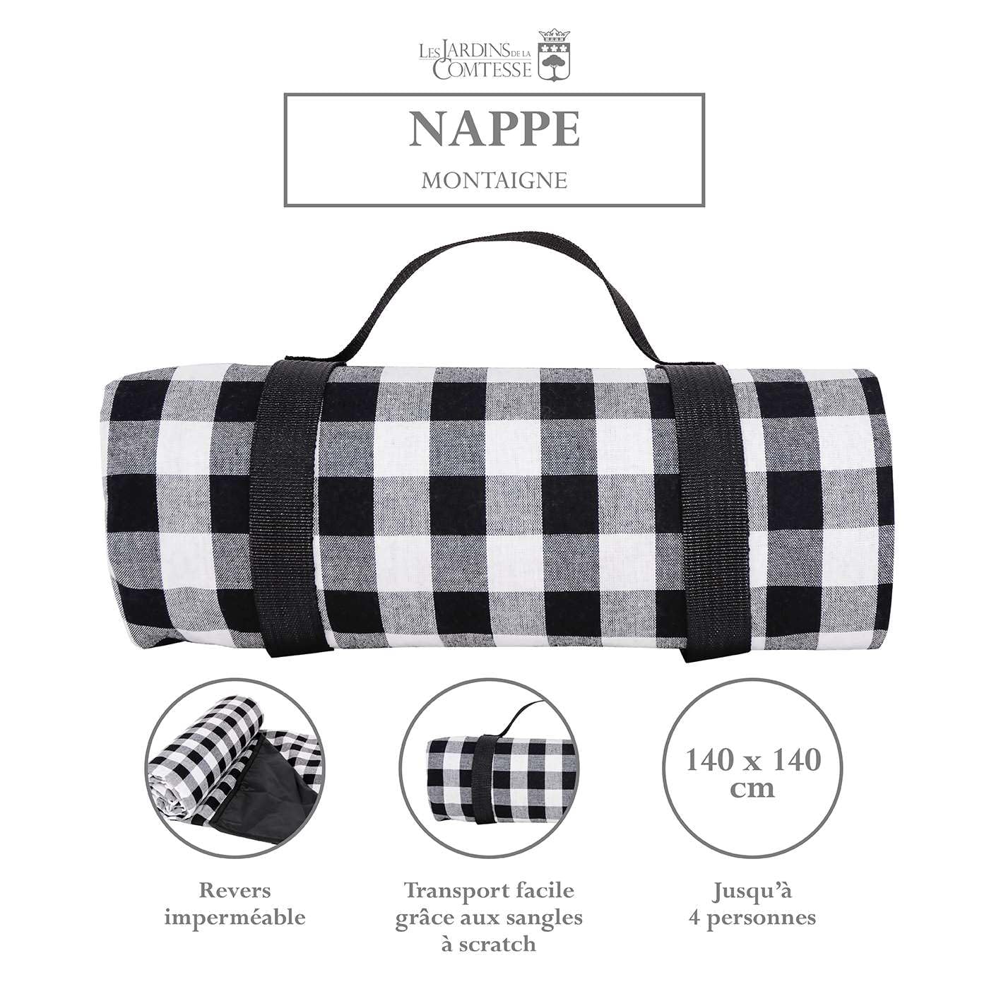 Les Jardins de la Comtesse - Nappe de Picnic Carrée à Carreaux Noirs Montaigne - Coton et Revers Etanche Polyester - 140 x 140 cm - Noir/Blanc - 2/4 Personnes - Tapis/Couverture Pique Nique