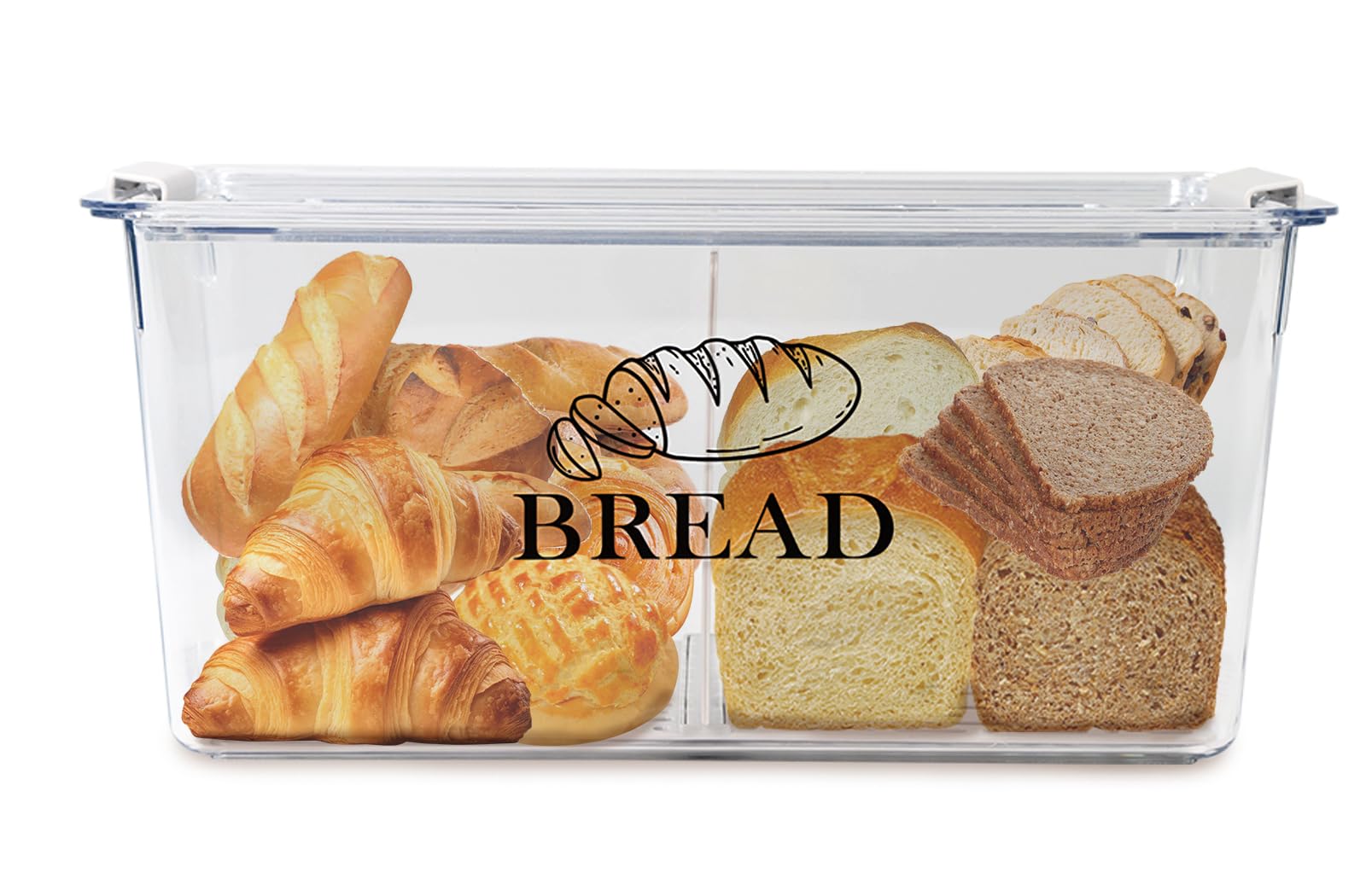 Contenitore per pane in PET trasparente con divisorio e coperchio ermetico – Contenitore per pane senza BPA con chiusura a clip, impilabile per toast, dolci, bagel – contenitore da cucina