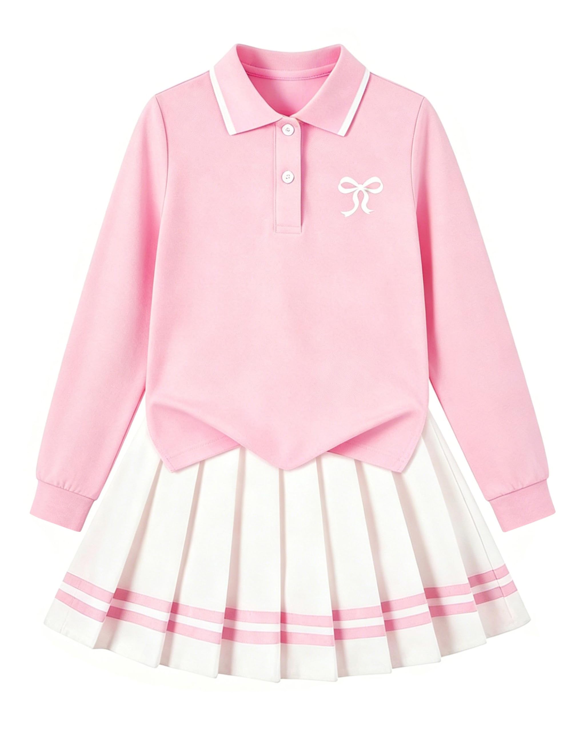 Betusline Girls Skirt Set Long Sleeve Polo &amp; Pleated Skirt, 4-14Y