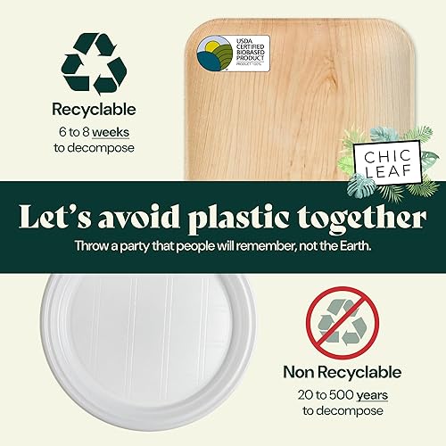 Miniatura 2 de Chic Leaf Platos de hoja de palmera desechables de bambú como 9.5 pulgadas, paquete de fiesta cuadrado (50 piezas)  Platos compostables resistentes