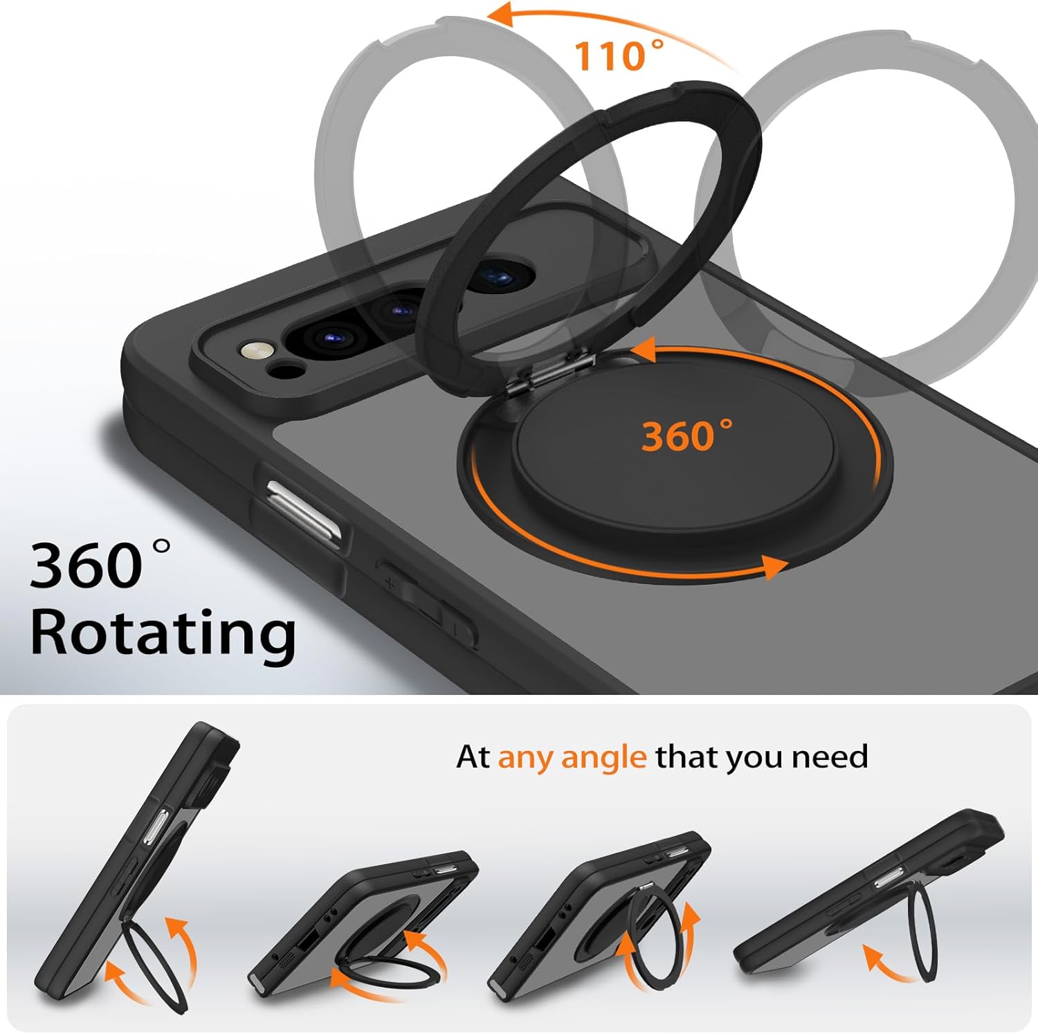 HikerClub Magnetic Stand Case for Pixel Fold (2023), 360 Rotatable Ring Holder, Slim Fit Anti-Scratch Translucent Frosted Black Shockproof Case