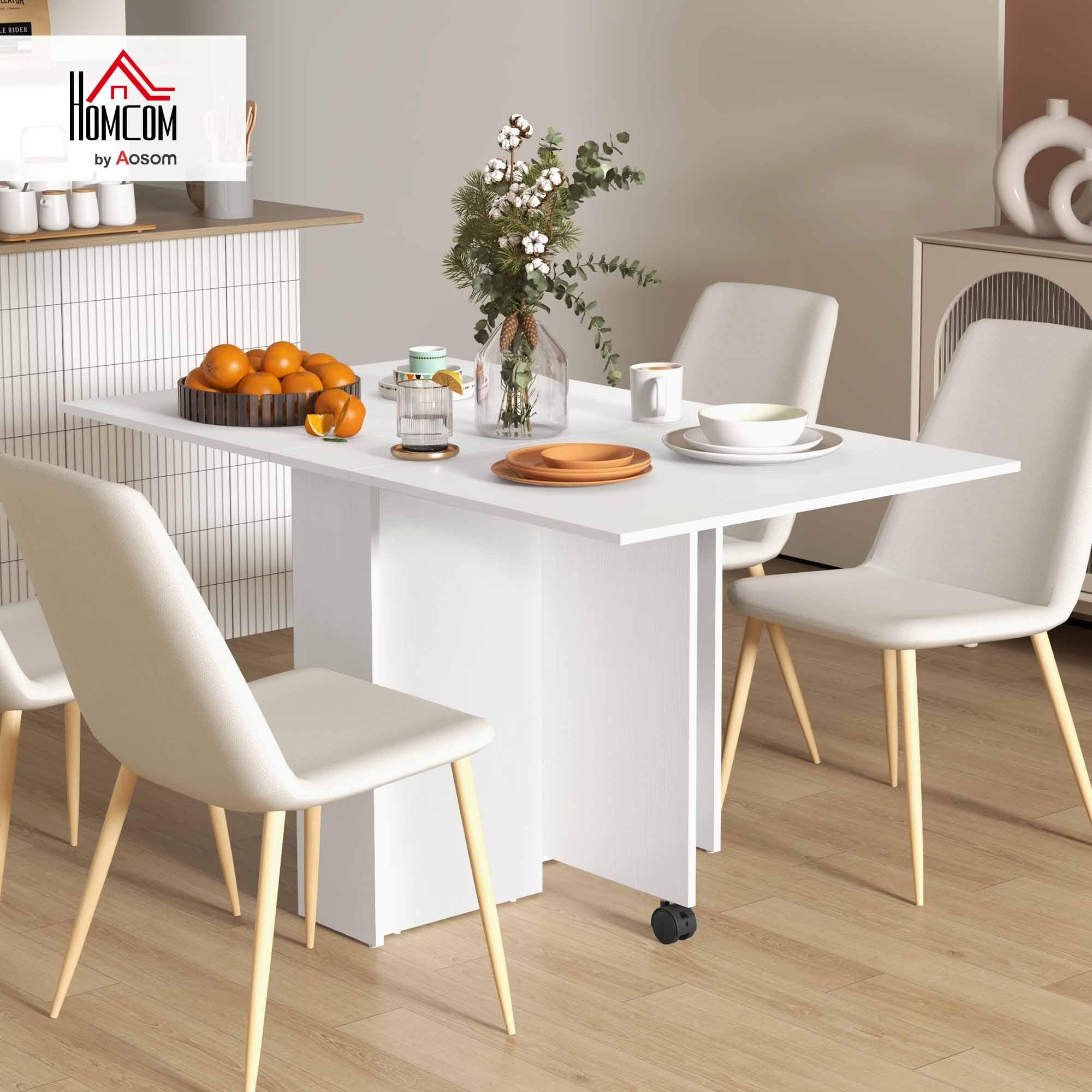 HOMCOM Tavolo da Pranzo Pieghevole, Tavolo Cucina a Ribalta con Ruote a Freno per 4-6 Persone, Scrivania Richiudibile con Ripiani, per Soggiorno, 140x80x74 cm, Bianco