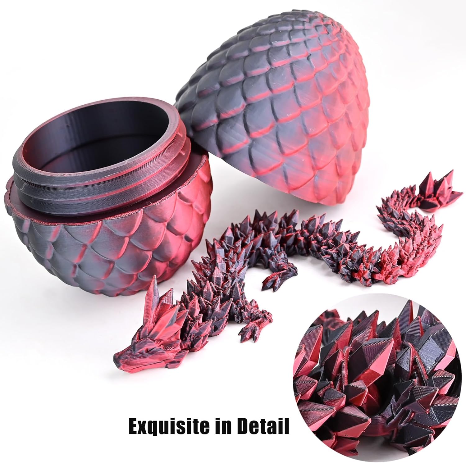 3D Printed Dragon Eggs with Dragon Inside, Articulated 3D Dragon Toys with 3D Dragon Eggs, Crystal Dragon Black Red - Image 3