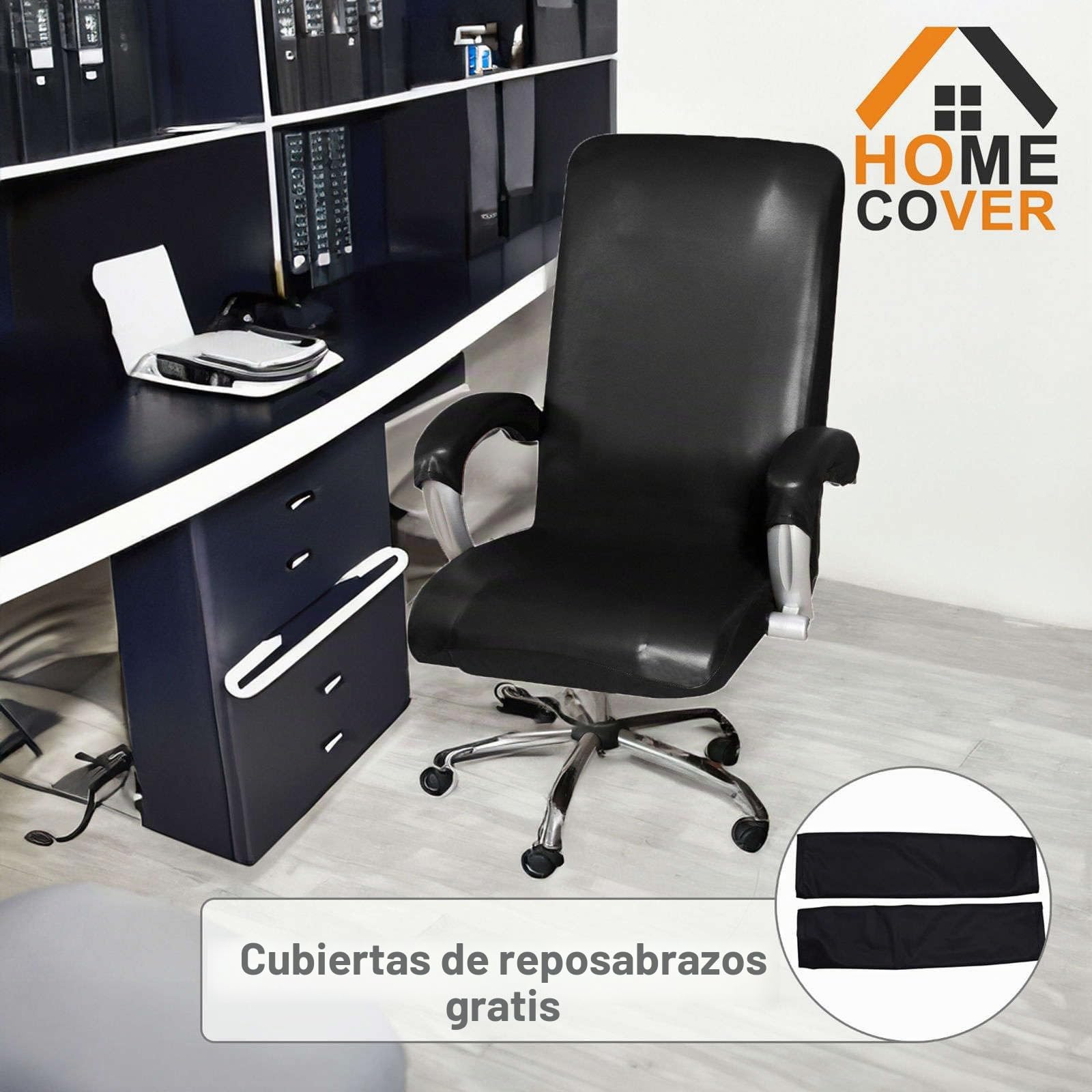 Elástica Funda para Silla De Oficina Impermeable, Universal De Piel Sintética Giratorio Cubiertas De La Silla De La Computadora con Fundas De Reposabrazos Extraíble-Negro-Large
