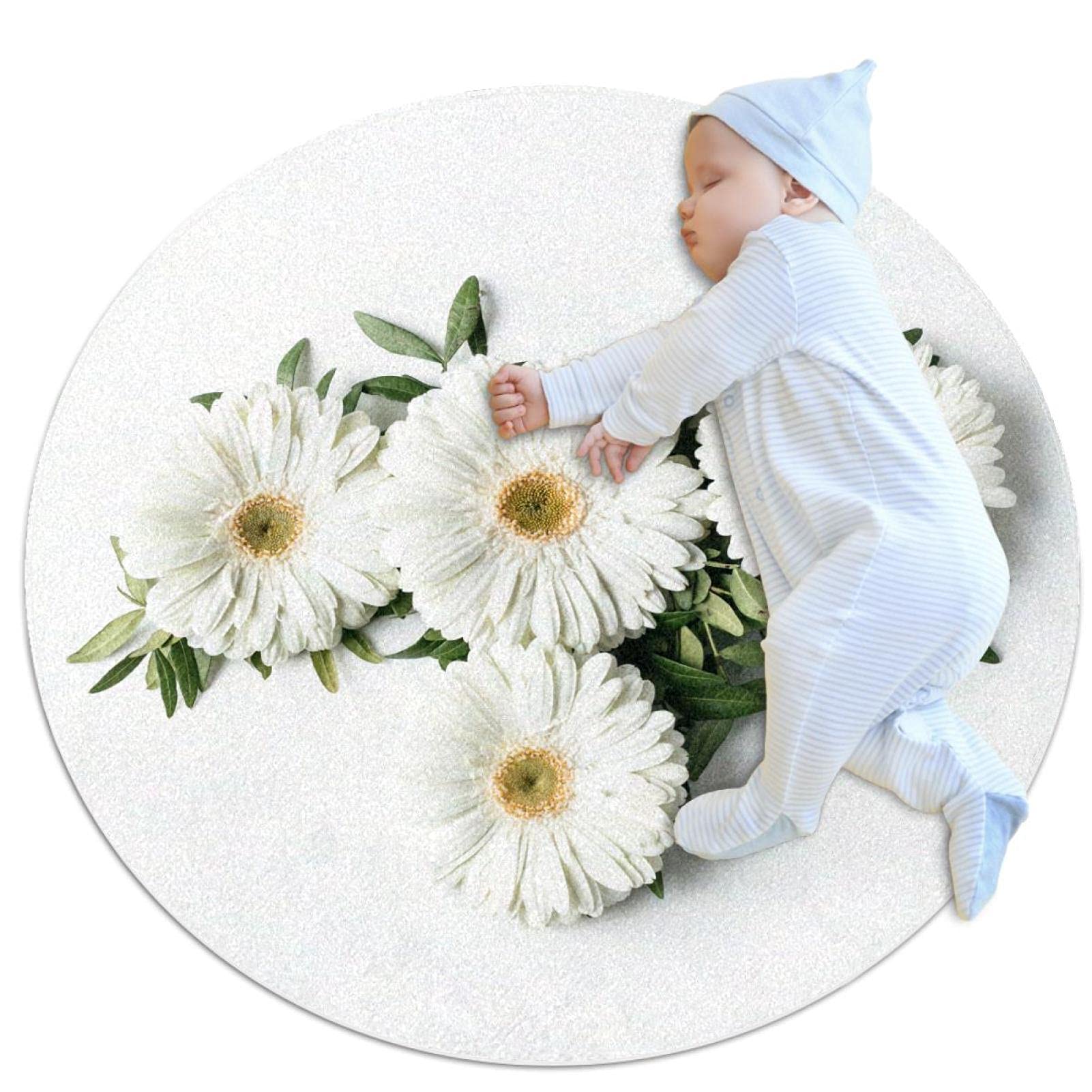 Tapis de salle de bain blanc rond 1m avec motif marguerites blanches