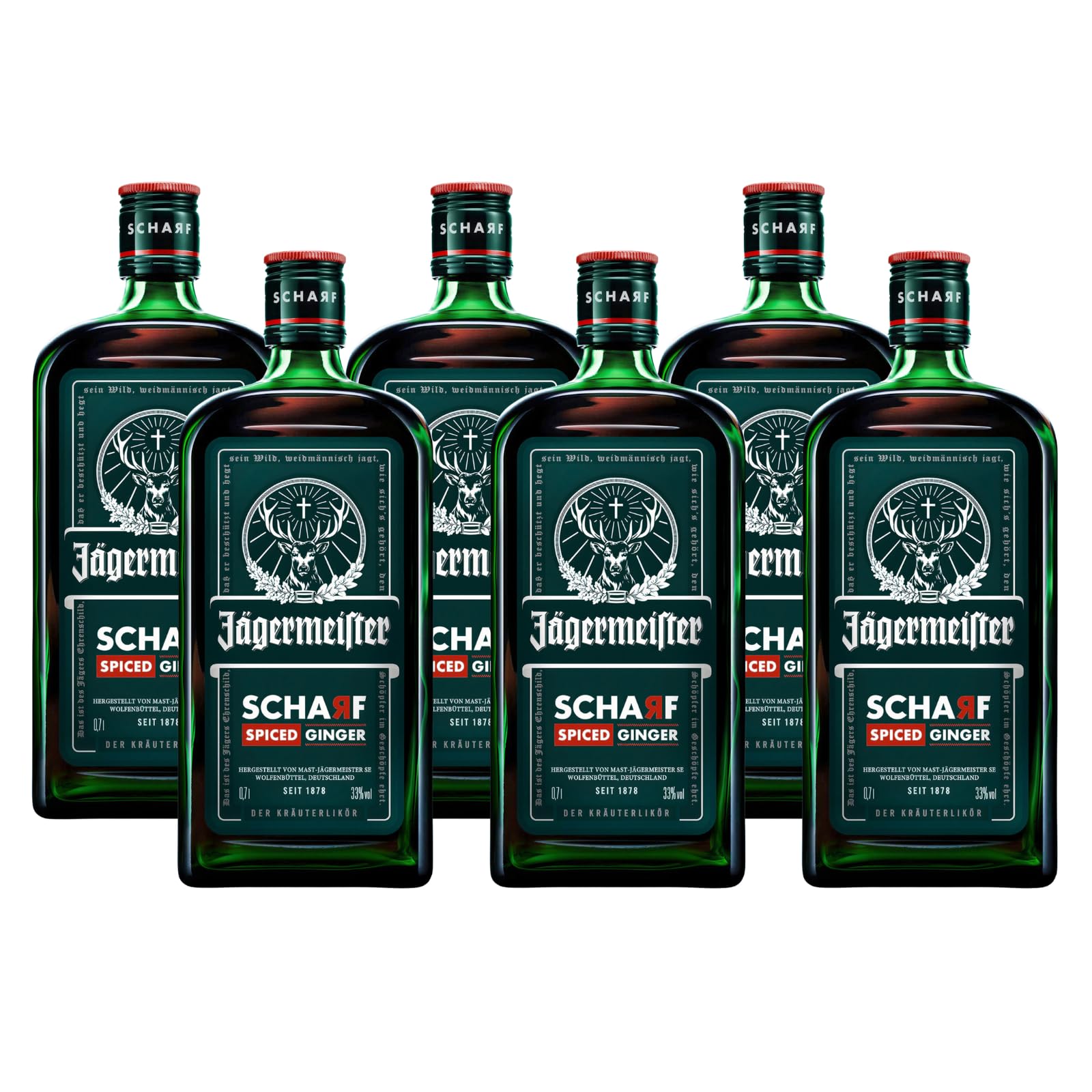 Jägermeister Scharf – 6 x 0,7l Premium Kräuterlikör - 33% Vol. | Hot Shot mit 56 erlesenen Kräuter – Im Eichenfass gelagert – Das Original aus Wolfenbüttel