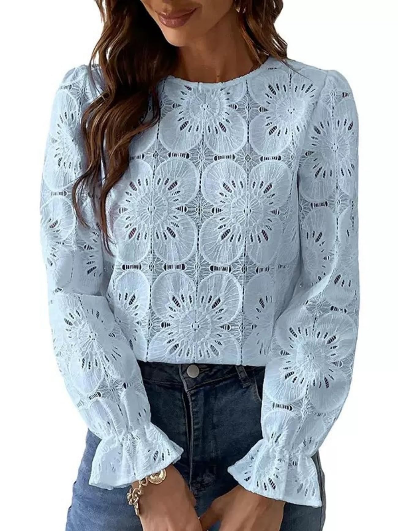 MINTLIMIT Camicetta da donna con scollo rotondo e polsini elastici a volant, a maniche lunghe, elegante, per uscire