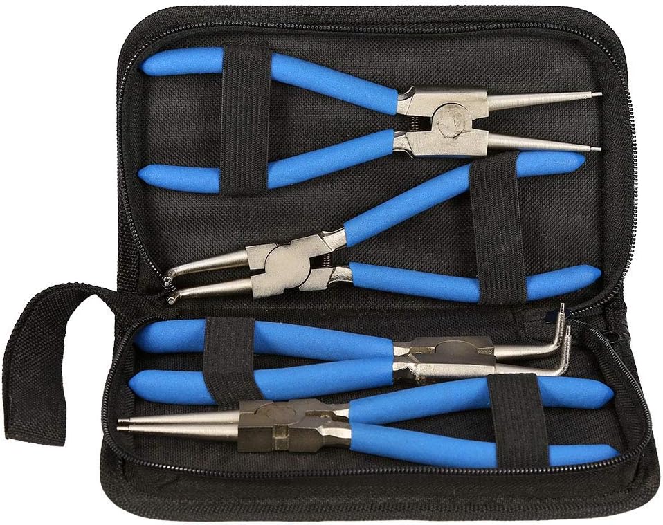 Repair Pliers, Pliers Set Circlip Pliers The snap Ring Pliers Set Comes with a Black Storage Bag That Contains 2 Curved Needle-Nose Pliers and Two Straight Needle-Nose Pliers