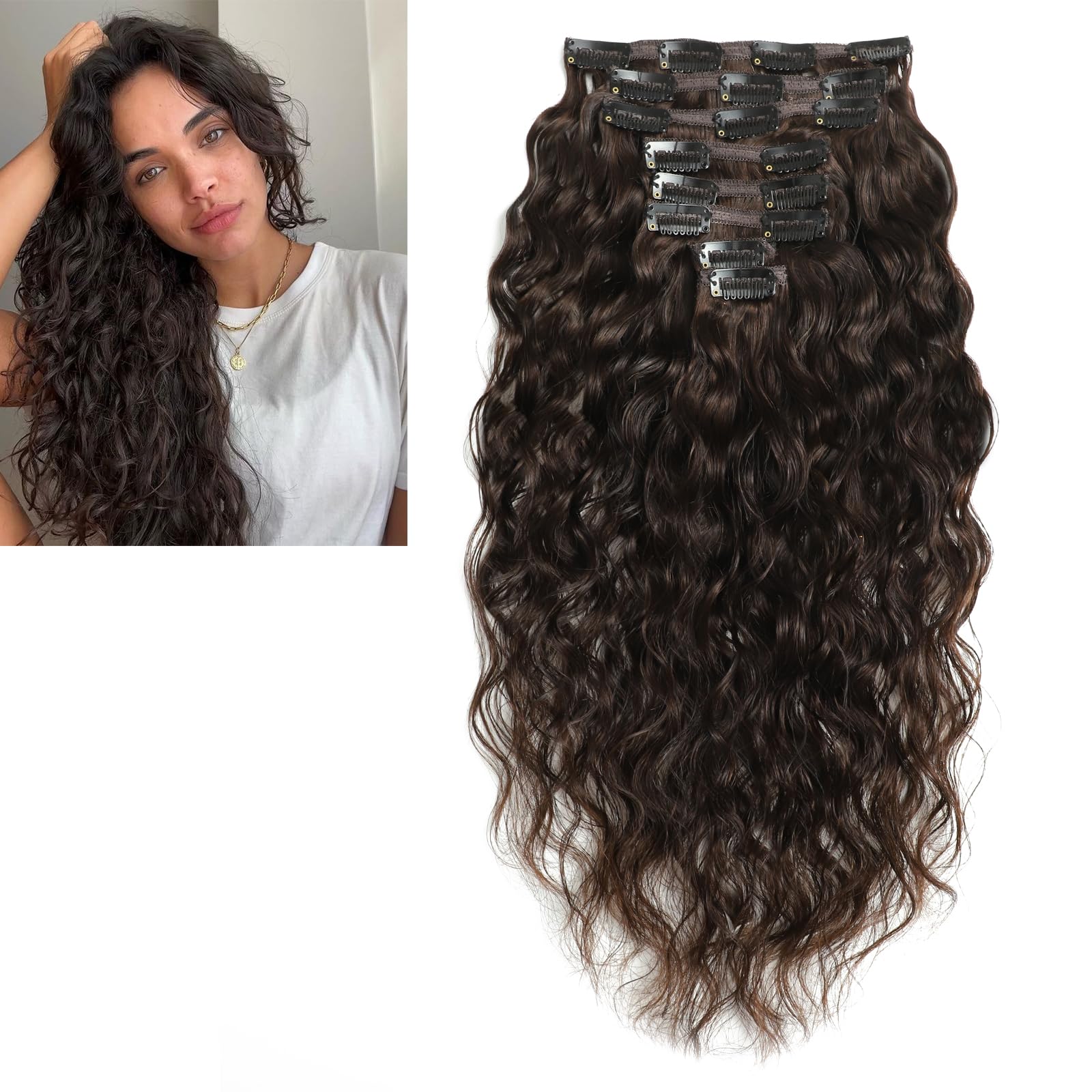 Extensiones de pelo Larafona Clip In de cabello natural, 100% extensiones de pelo Remy de cabello humano, color marrón oscuro 2#, gran rizo, 20 pulgadas/50 cm