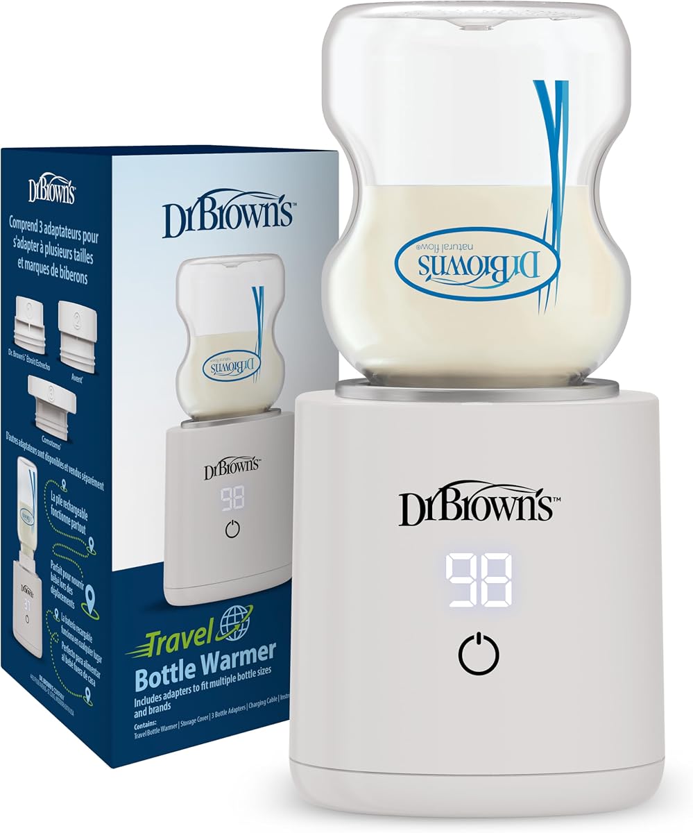 Calentador de biberones de viaje Dr. Brown's, calienta rápidamente la leche materna y el agua para fórmula sobre la marcha, portátil, recargable, inalámbrico con 3 adaptadores de biberones
