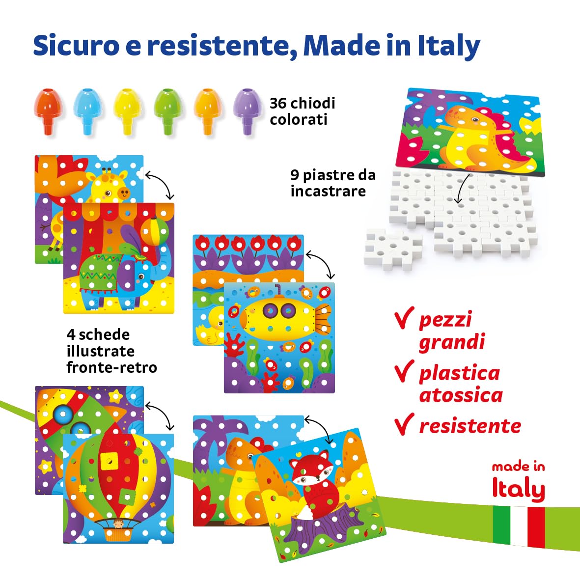 Quercetti Jumbo Peggy Bio, Mosaico Bambini, Giochi Bambini 2 Anni fino ai 5 Anni, Chiodini per Bambini 3 Anni, Costruzioni per Bambini 3 Anni con 36 Chiodini, 9 Piastre e 4 Schede, Made in Italy