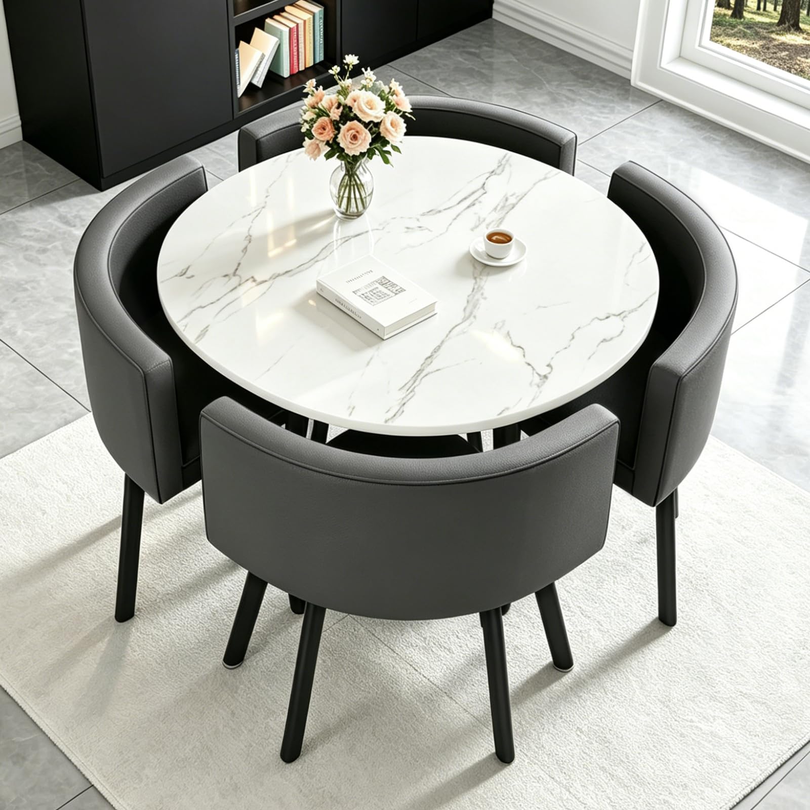 Essgruppe 5-Teilig, Küchenstühle Runder Esstisch und 4 Kunstleder Esszimmerstühle, Küchentisch esszimmertisch 80 cm, für 4-6 Personen, für Esszimmer, Küche, Wohnzimmer, Modern (White-1)
