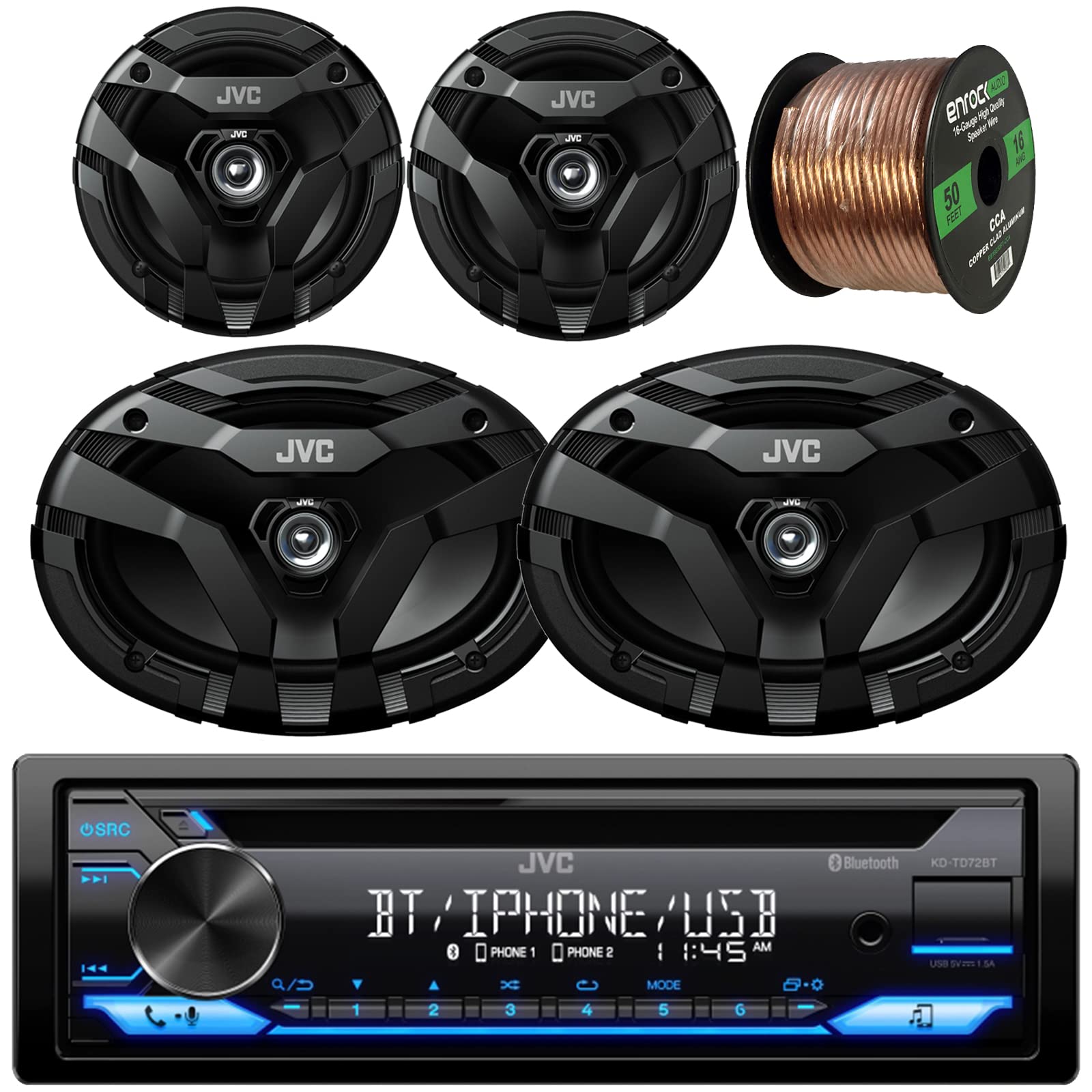 JVCIn-Dash Bluetooth USB AUX AM/FM Radio CD Audio Stereo Receiver Bundle with (QTY 2) JVC 6.5" 2-Way Coax 300 Watts Peak Speakers, (QTY 2) JVC 6x9" 2-Way Coax 400 Watts Car Speakers + Speaker Wire