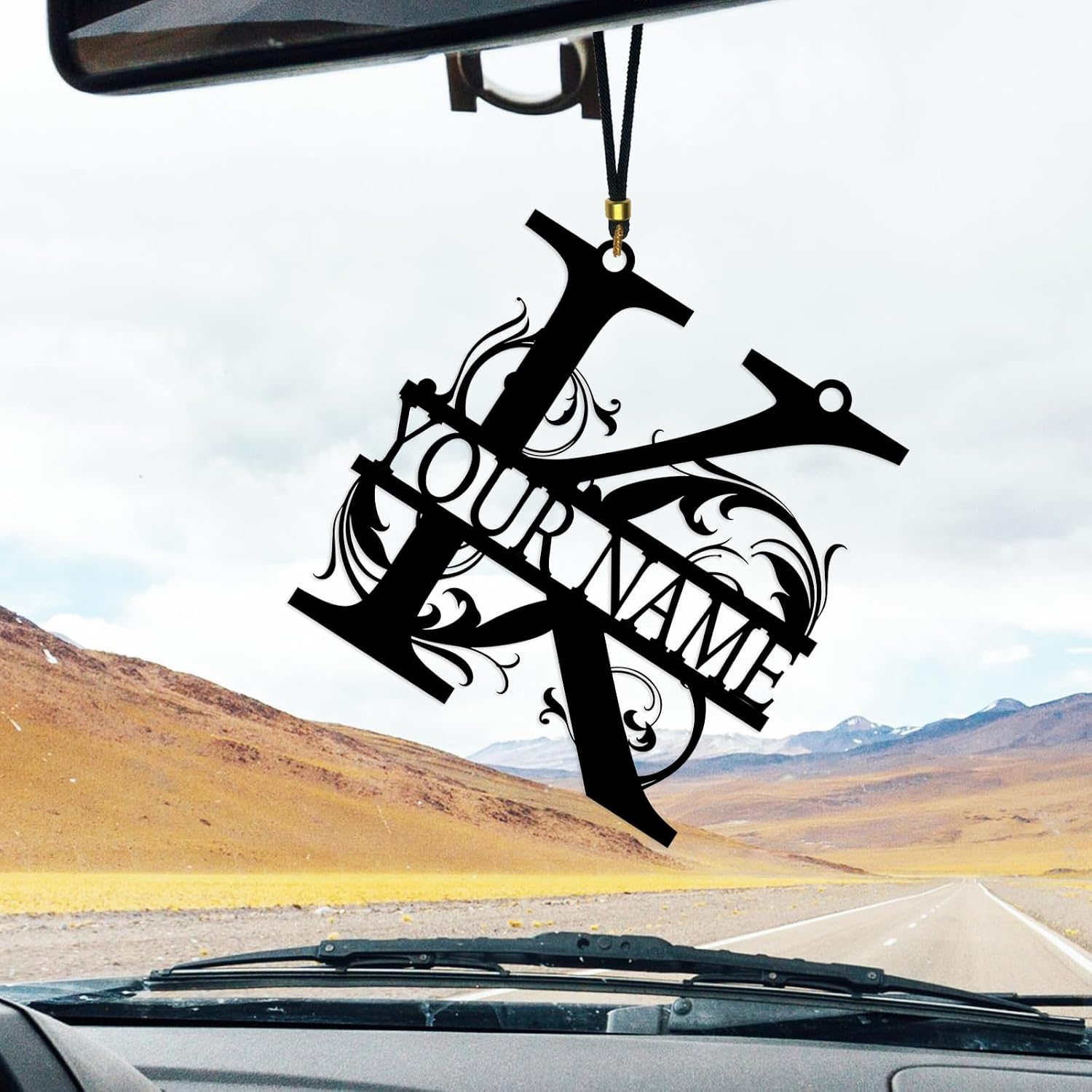 Personalized Customization Metal Name Car Automotive Accessories,Letter Surname Metal Sign,Swinging Car Mirror Hanging Ornament Car Interior Accessories,Gift for New Driver (Style-1)