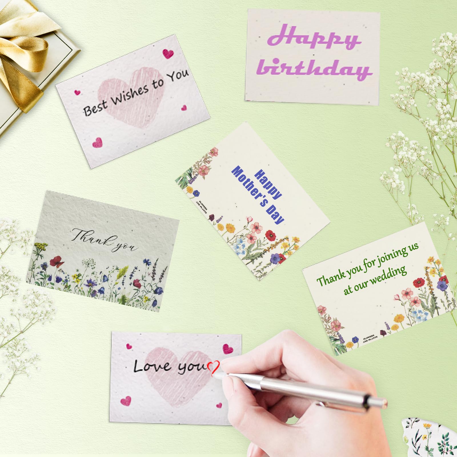 60 Stück Handgefertigte Grußkarten aus Saatpapier, Pflanzbares Wildblumensamenpapier Einladungen, Dankeskarten Eingebettete Recycelte Blumenanhänger für Hochzeiten, Geschenke, Geburtstage, Partys